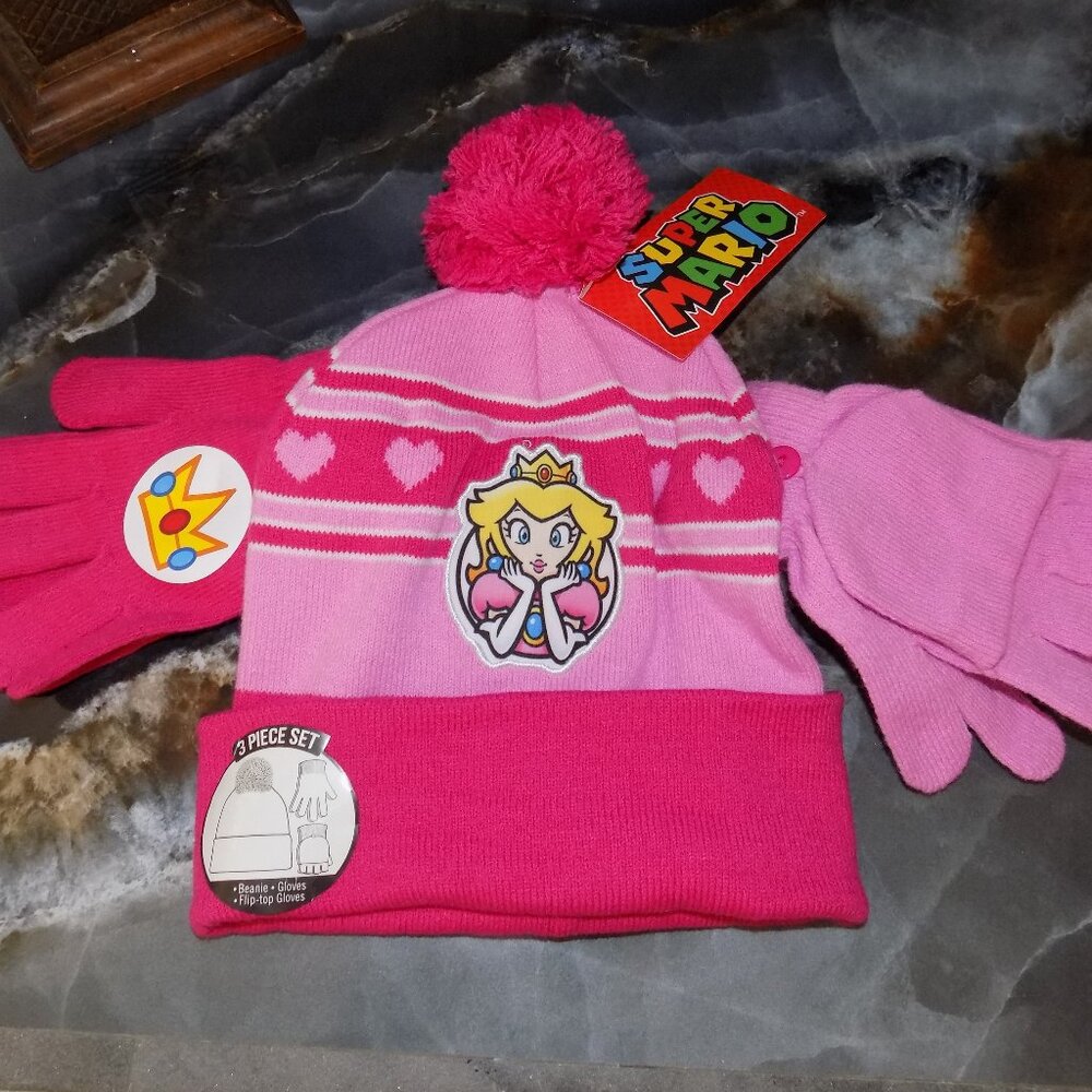 Nintendo Princess Peach Multi-Color 3 PC Beanie Hat, Flip-Top Glove, Glove Set